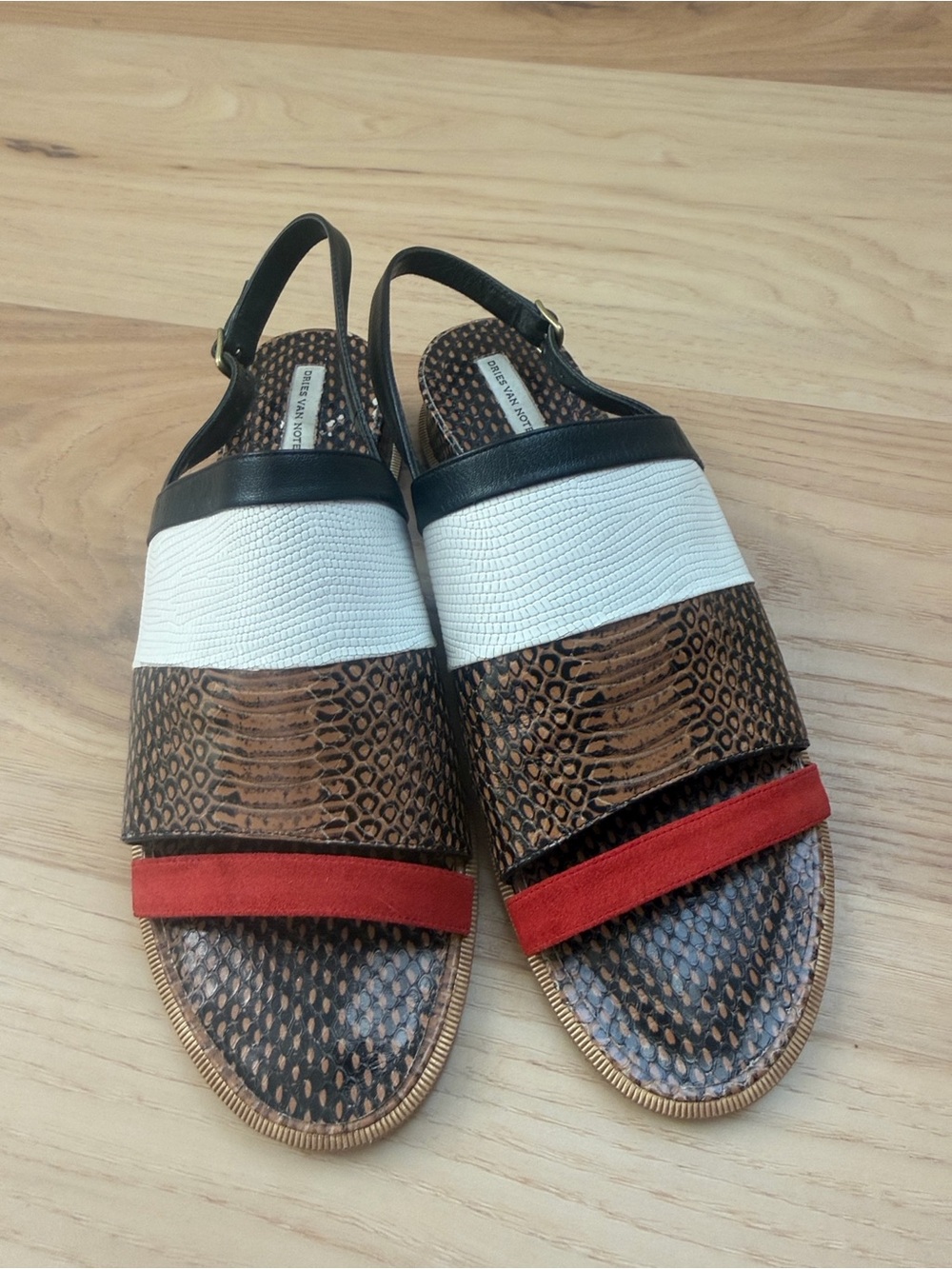 Dries Van Noten Mixed-Texture Slingback Flats in White, Brown & Red